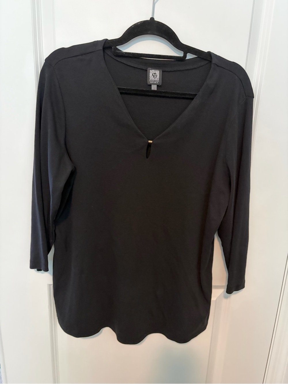 Anne Klein Sport Black Women's V-Neck 3/4 Sleeve Top with Gold-tone Accent -